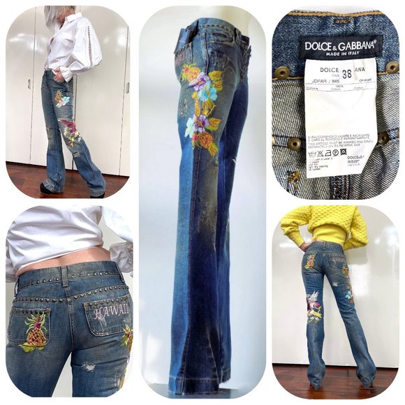 Auc D&G Distressed Embroidered Studded HAWAII TROPICAL Flare jeans - Picture 5 of 16